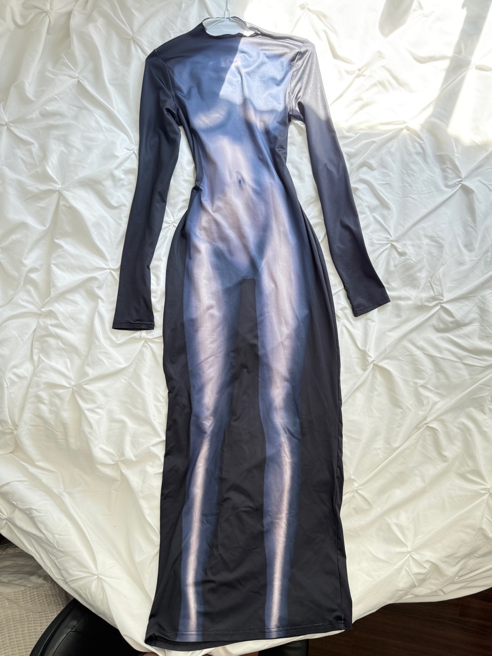 Body Print Long Sleeve Maxi Dress Navy Blue Bodycon Graphic - Picture 3 of 4